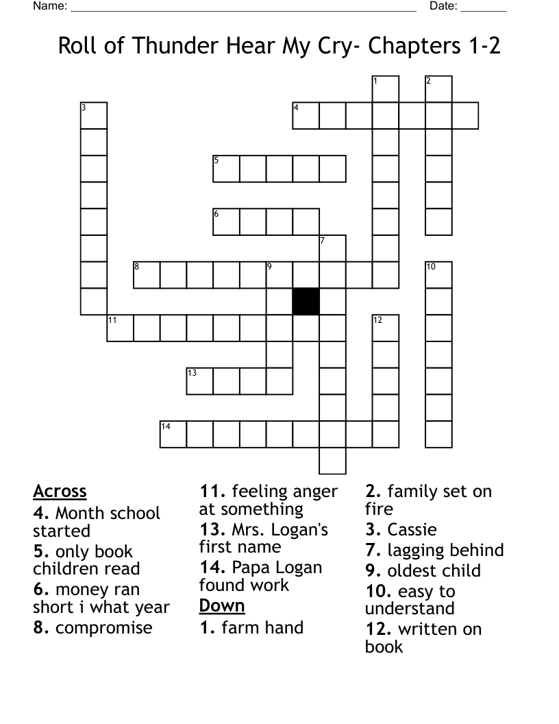 Roll of Thunder Hear My Cry- Chapters 1-2 Crossword
