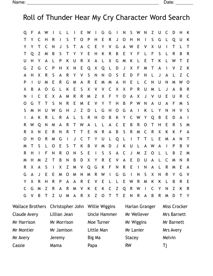 Roll of Thunder Hear My Cry Character Word Search 