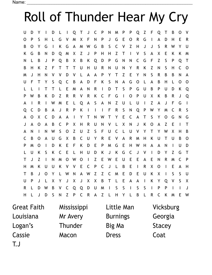 Roll of Thunder Hear My Cry  Word Search