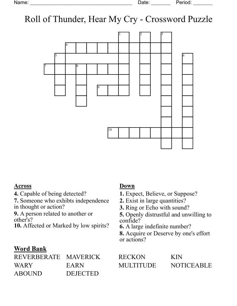 Roll of Thunder, Hear My Cry - Crossword Puzzle