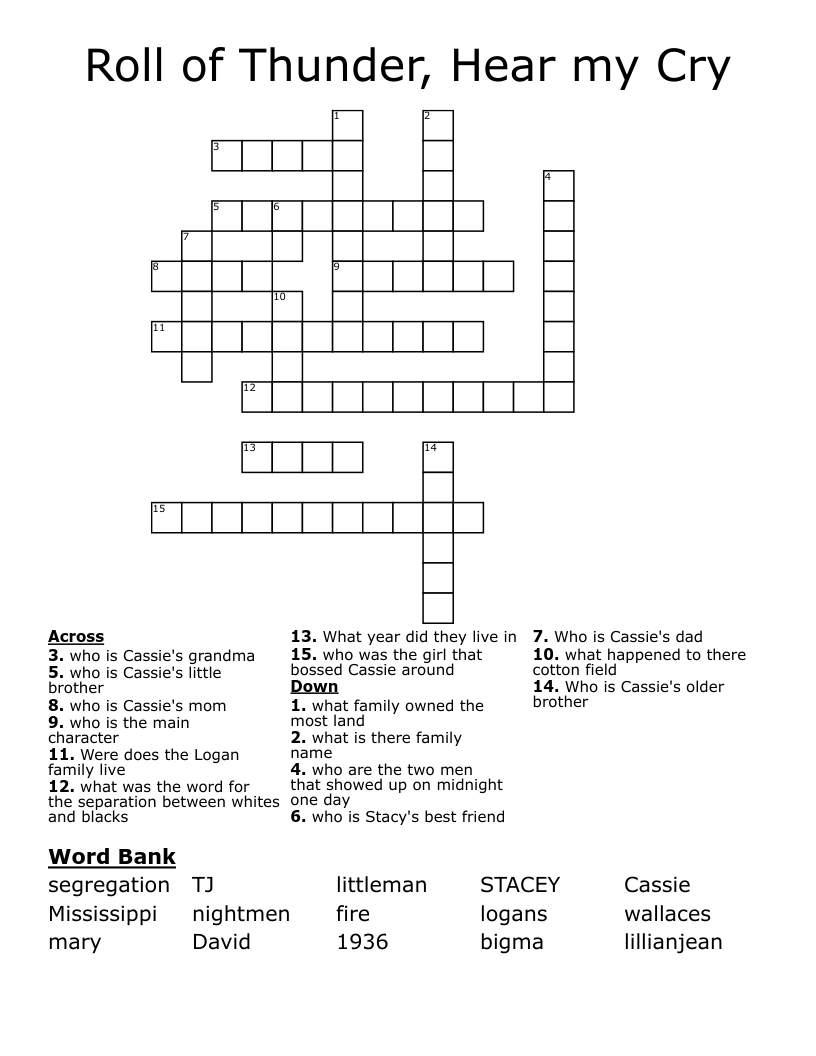 Roll of Thunder, Hear my Cry Crossword