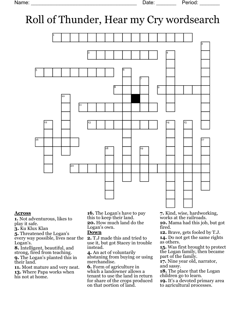 Roll of Thunder, Hear my Cry wordsearch Crossword