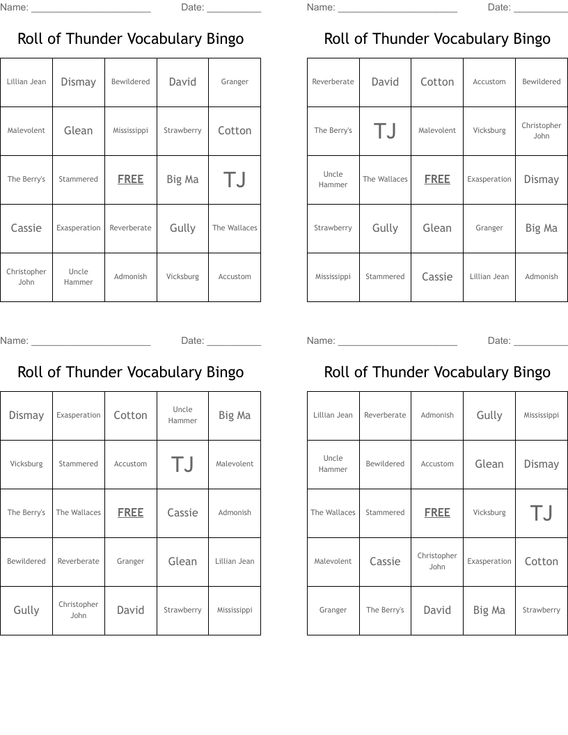 Roll of Thunder Vocabulary Bingo