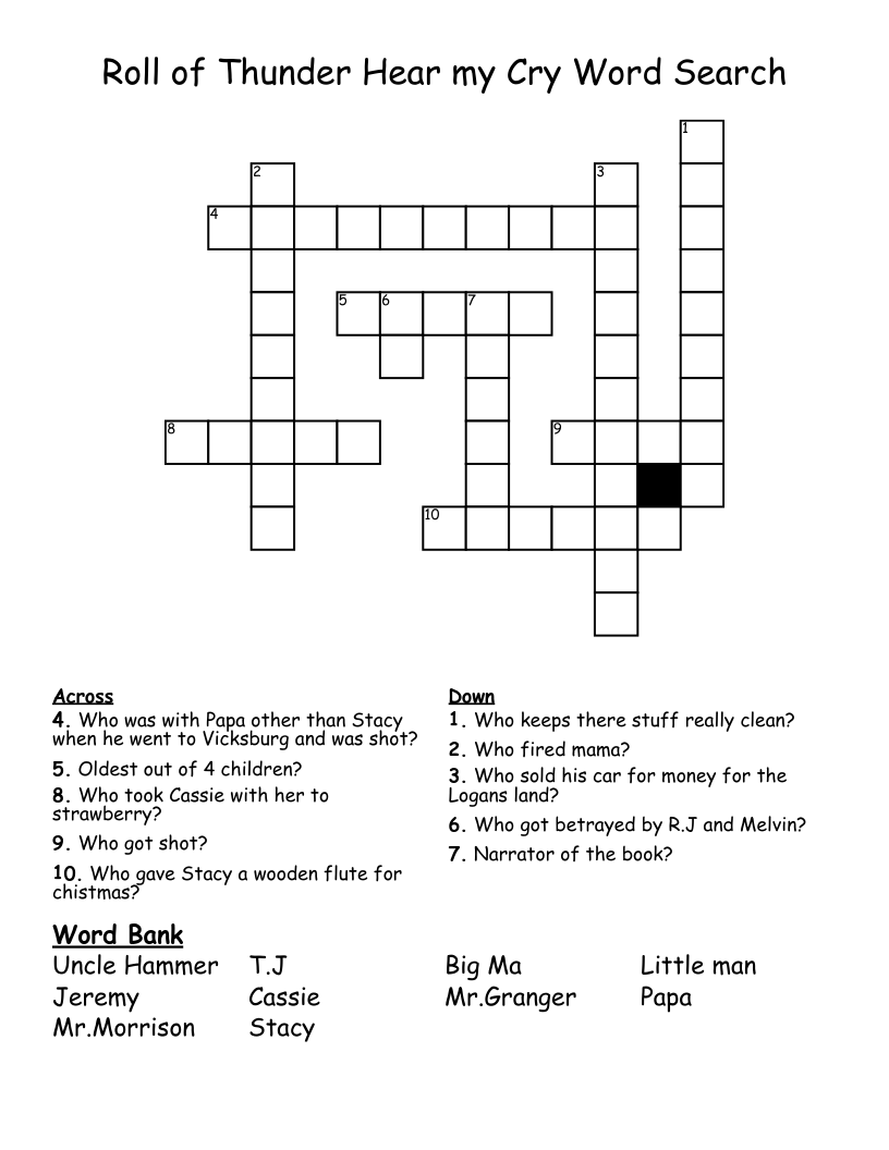 Roll of Thunder  Hear my Cry  Word Search Crossword