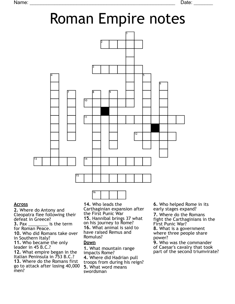 Roman Empire notes Crossword