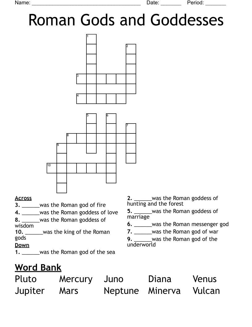 Roman Gods and Goddesses Crossword