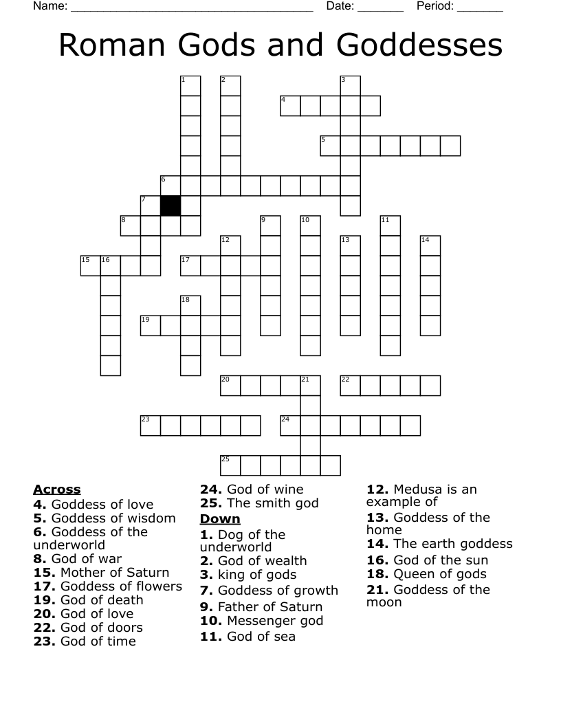Roman Gods and Goddesses Crossword