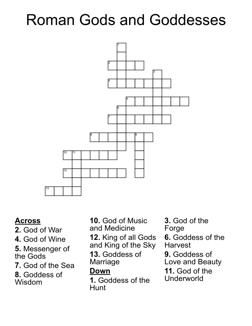 Roman Gods and Goddesses Crossword