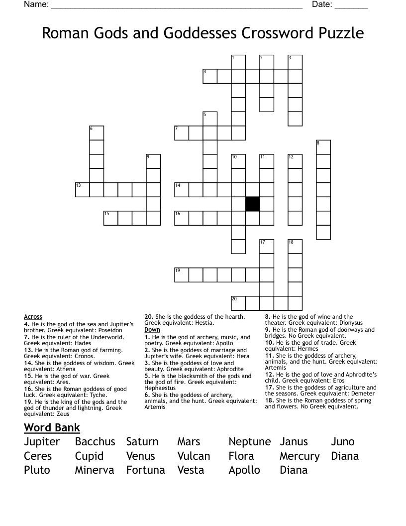 Roman Gods and Goddesses Crossword Puzzle