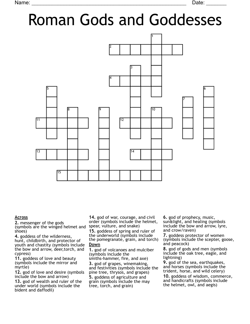 Roman Gods and Goddesses  Crossword