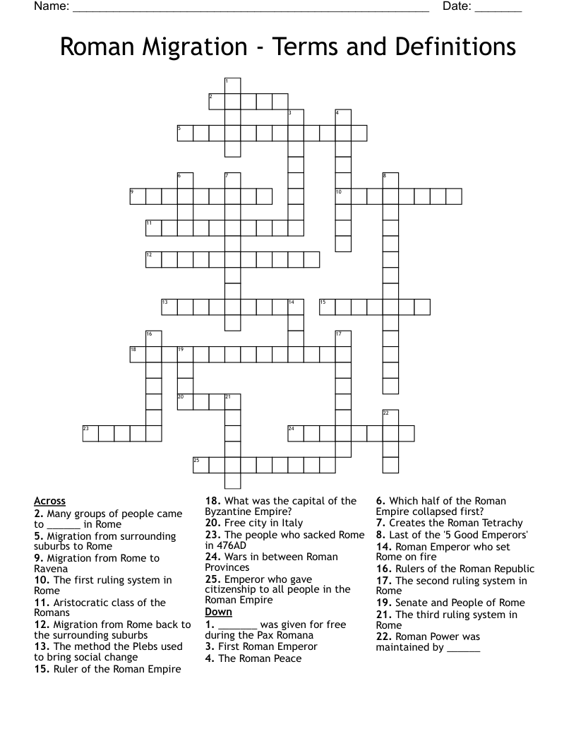 Roman Migration - Terms and Definitions Crossword
