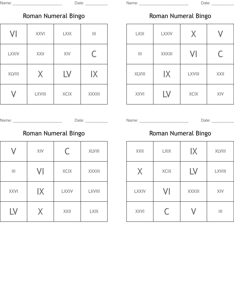 Roman Numeral Bingo