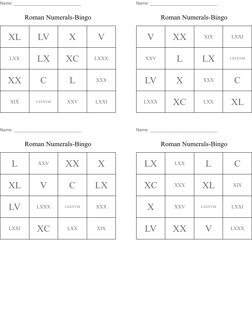 Roman Numerals-Bingo