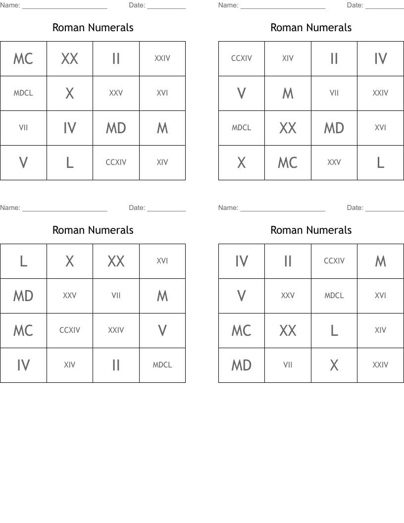 Roman Numerals Bingo Cards