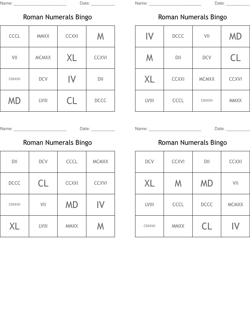 Roman Numerals Bingo