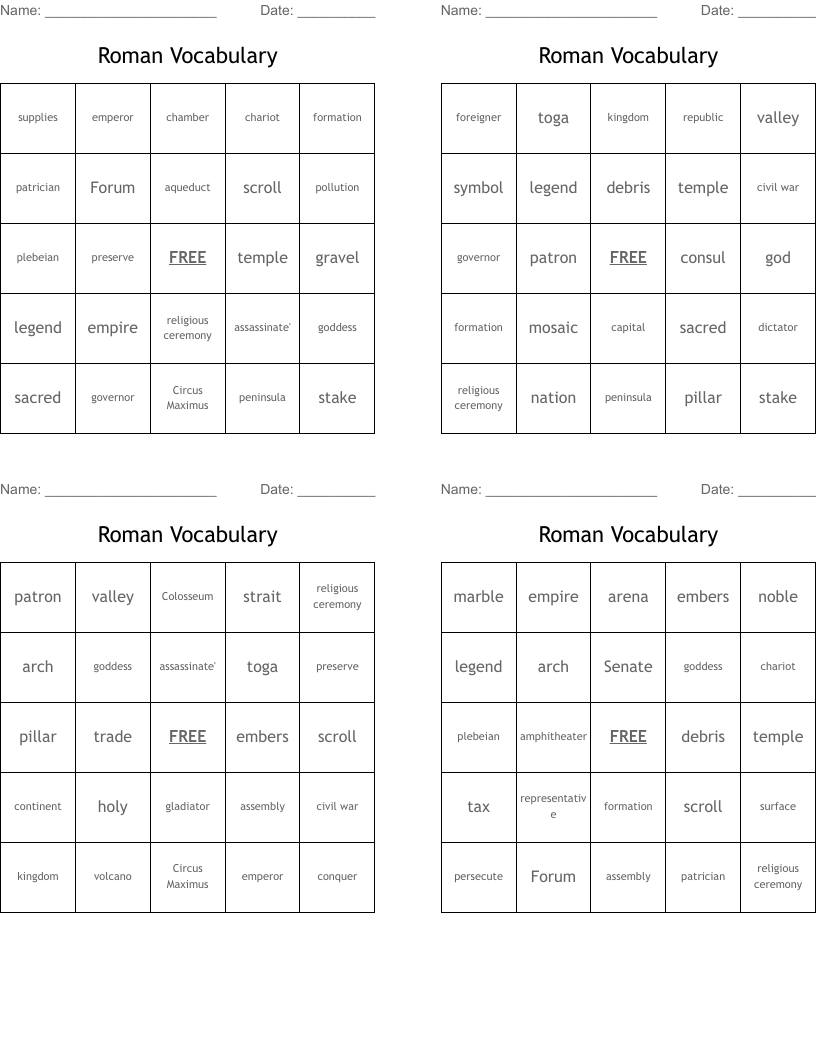 Roman Vocabulary Bingo Cards