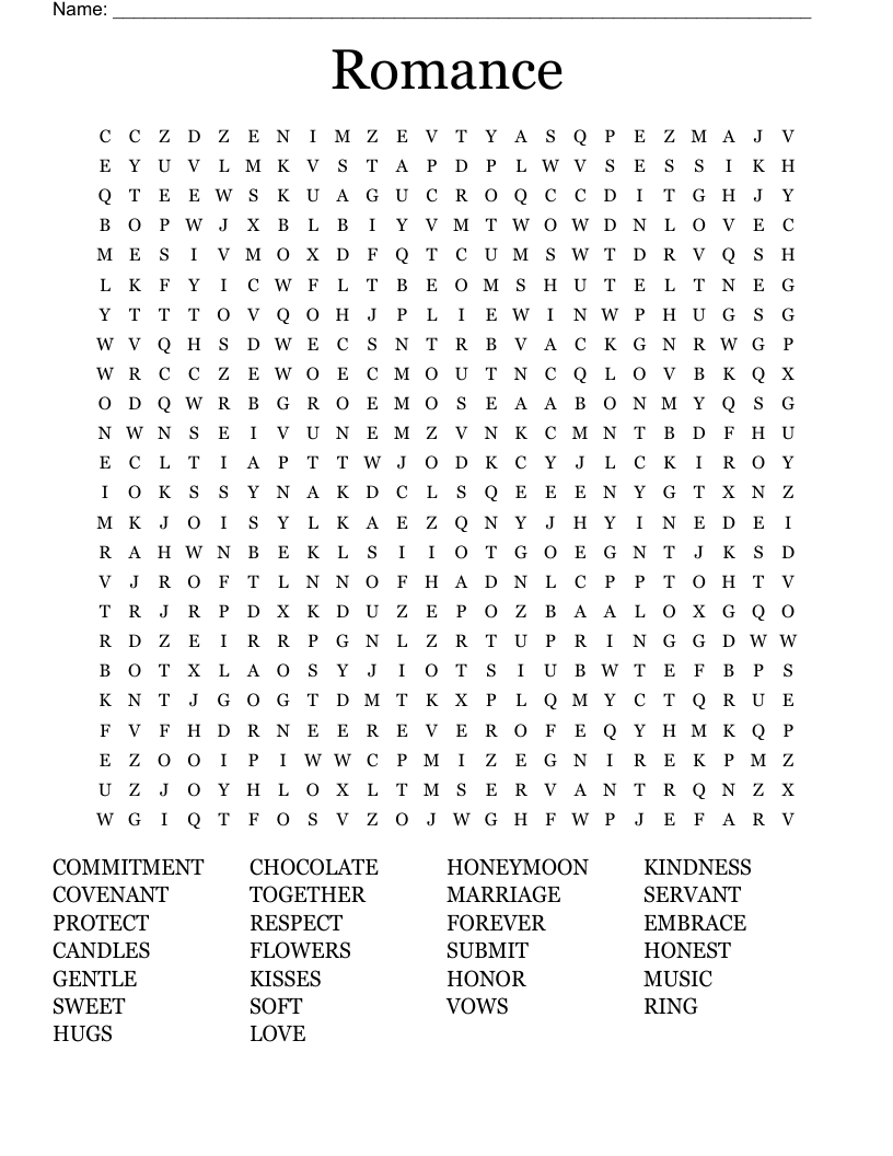 Romance Word Search