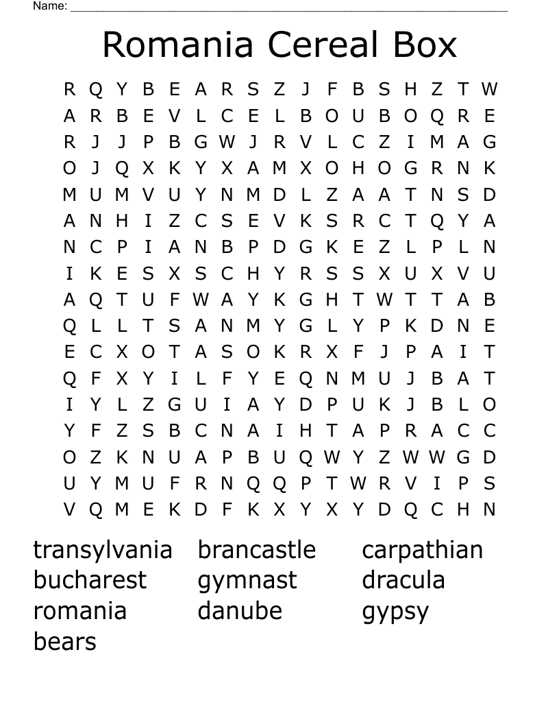 Romania Cereal Box Word Search