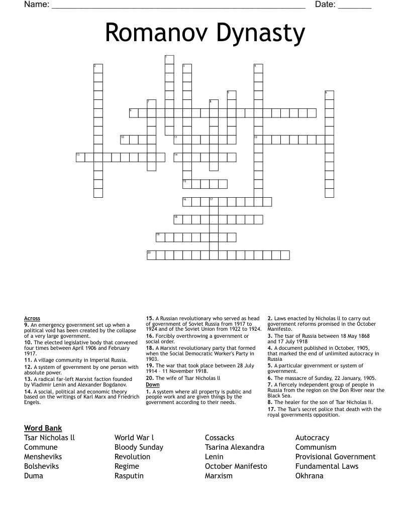Romanov Dynasty Crossword