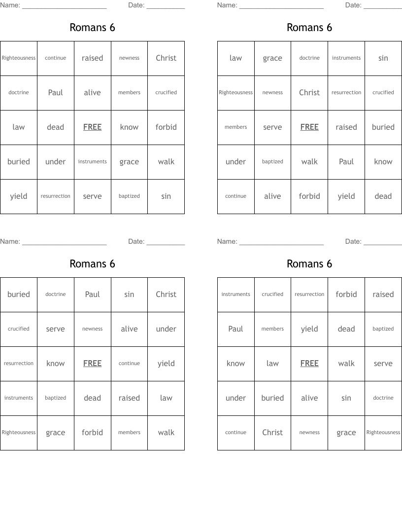 Romans 6 Bingo Cards