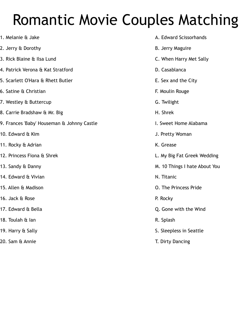 Romantic Movie Couples Matching Worksheet