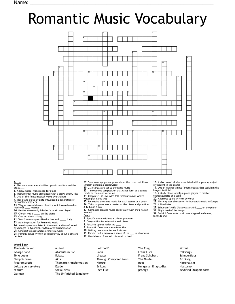 Romantic Music Vocabulary Crossword