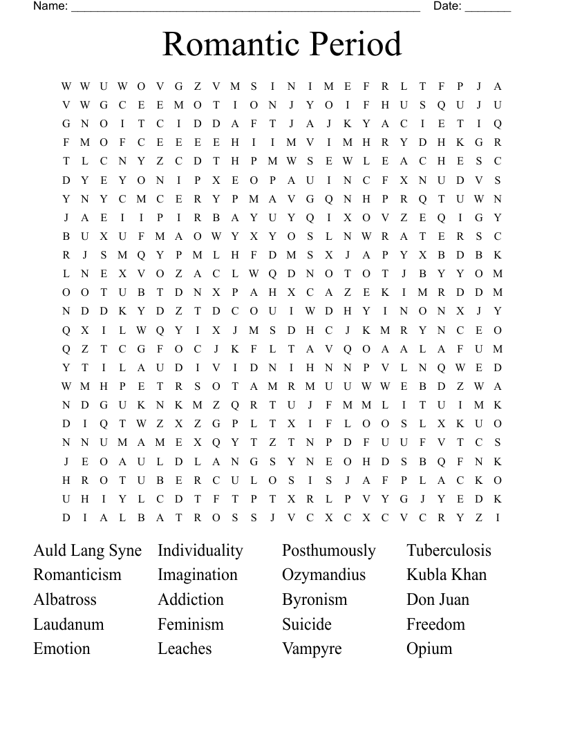 Romantic Period Word Search