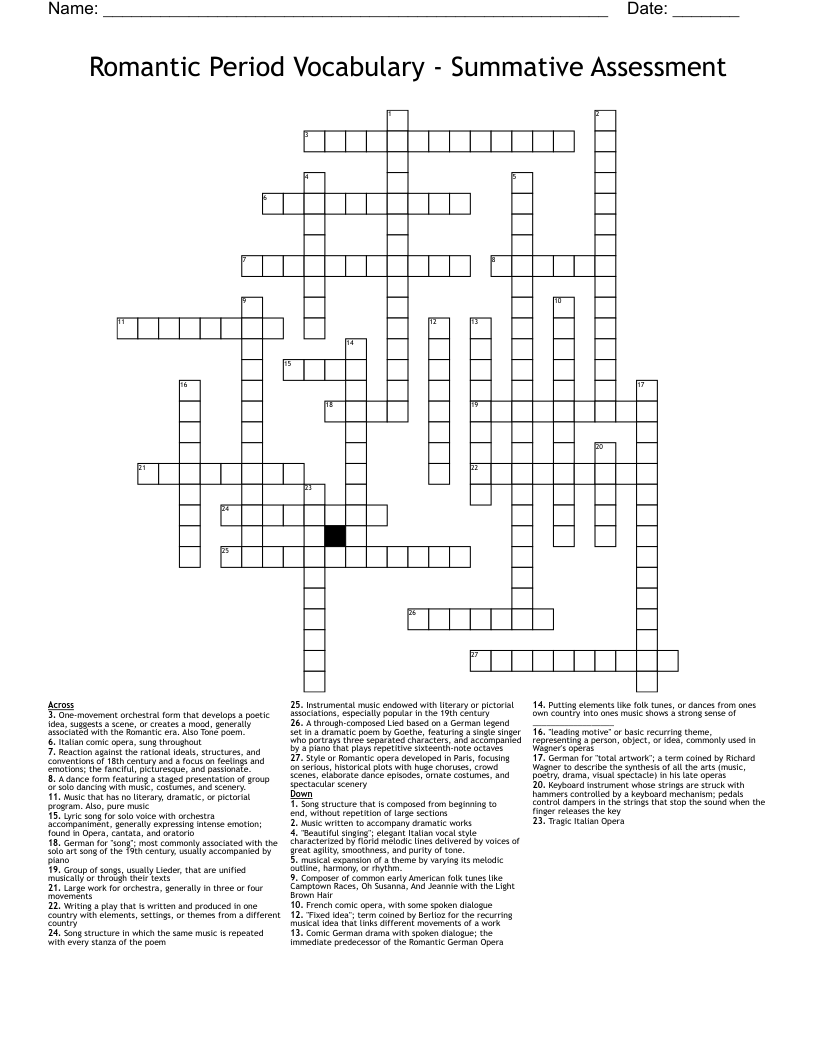 Romantic Period Vocabulary - Summative Assessment  Crossword