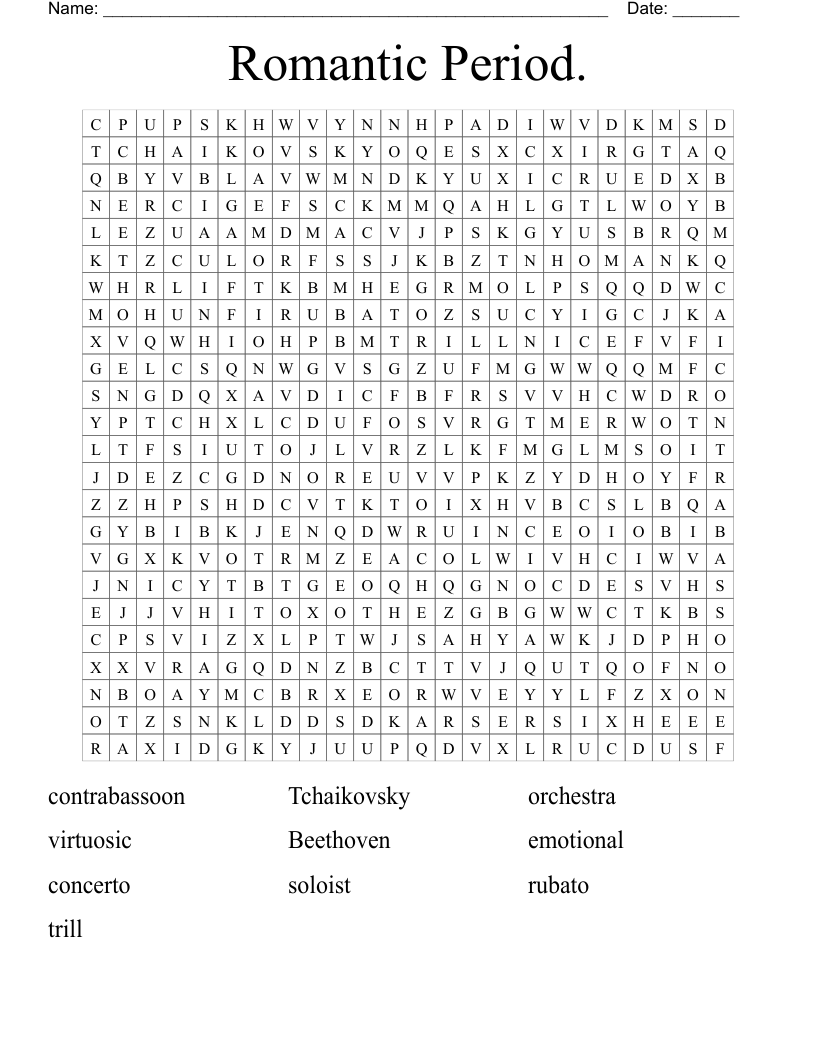 Romantic Period.  Word Search