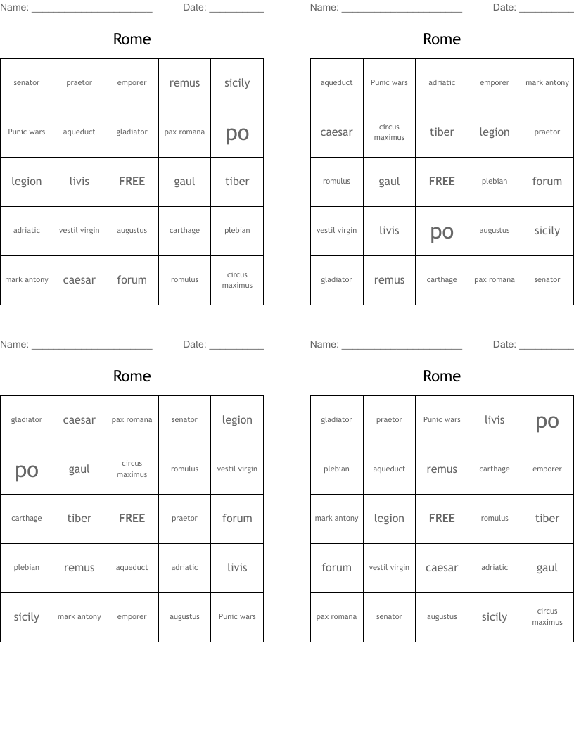 Rome Bingo Cards
