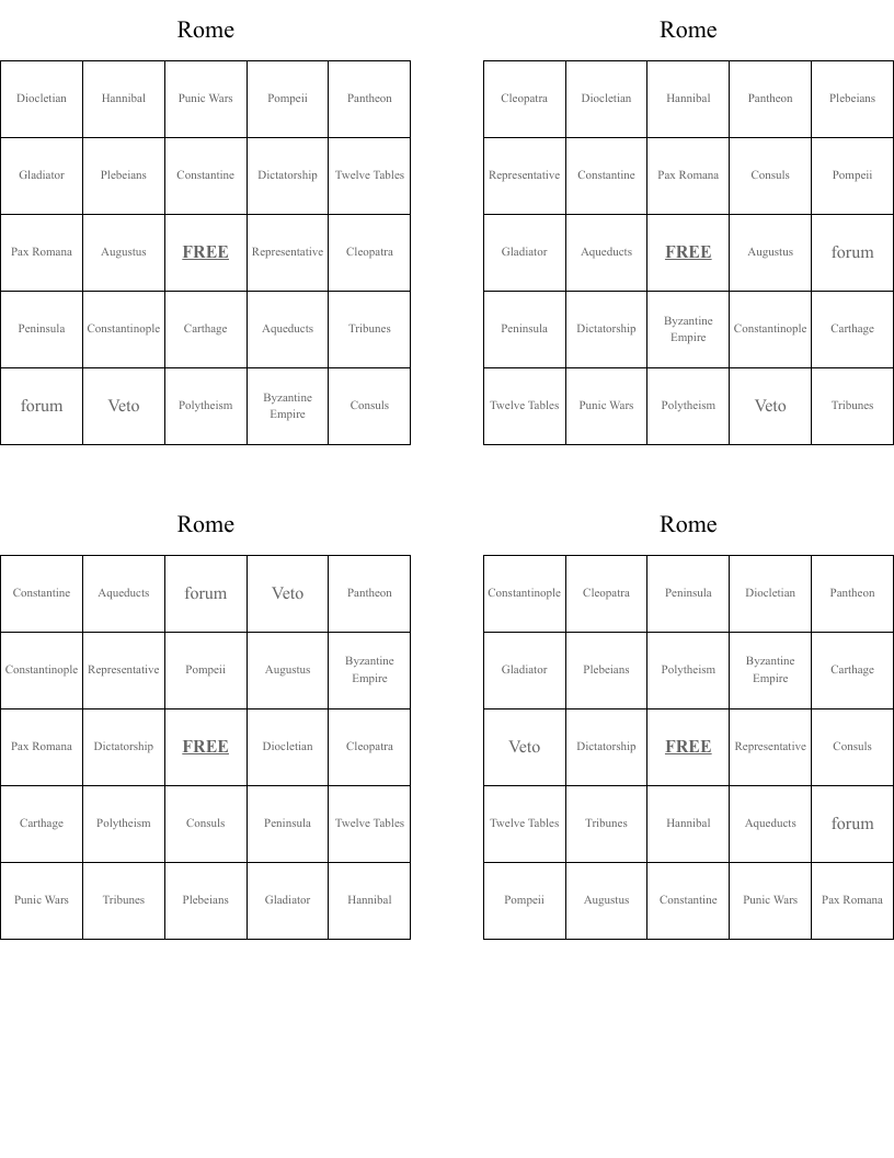 Rome Bingo Cards
