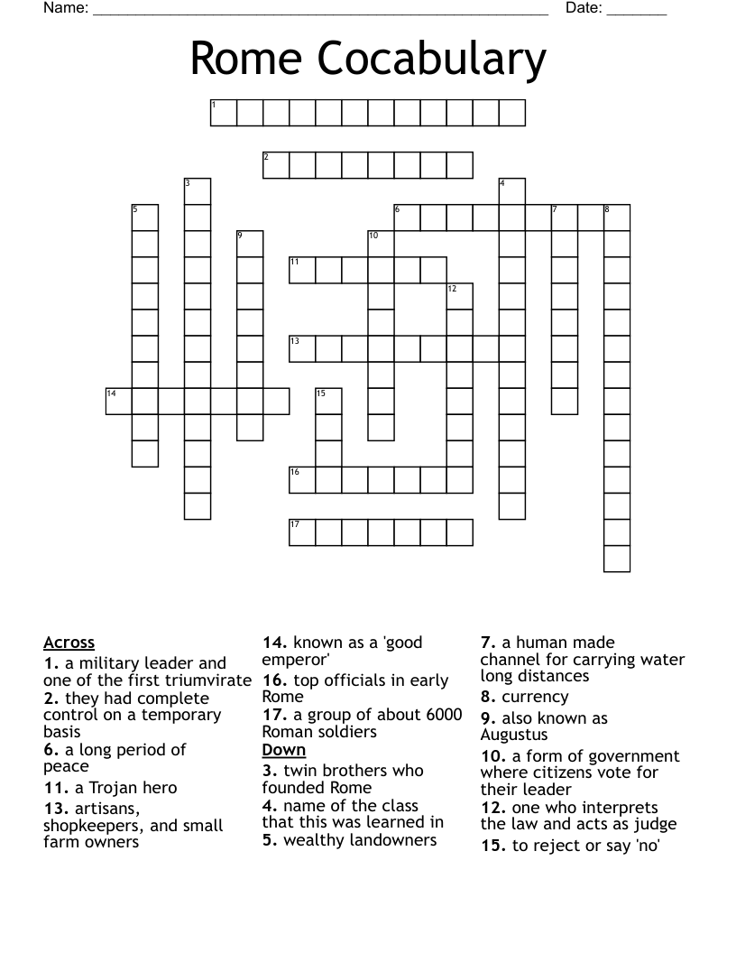 Rome Cocabulary Crossword