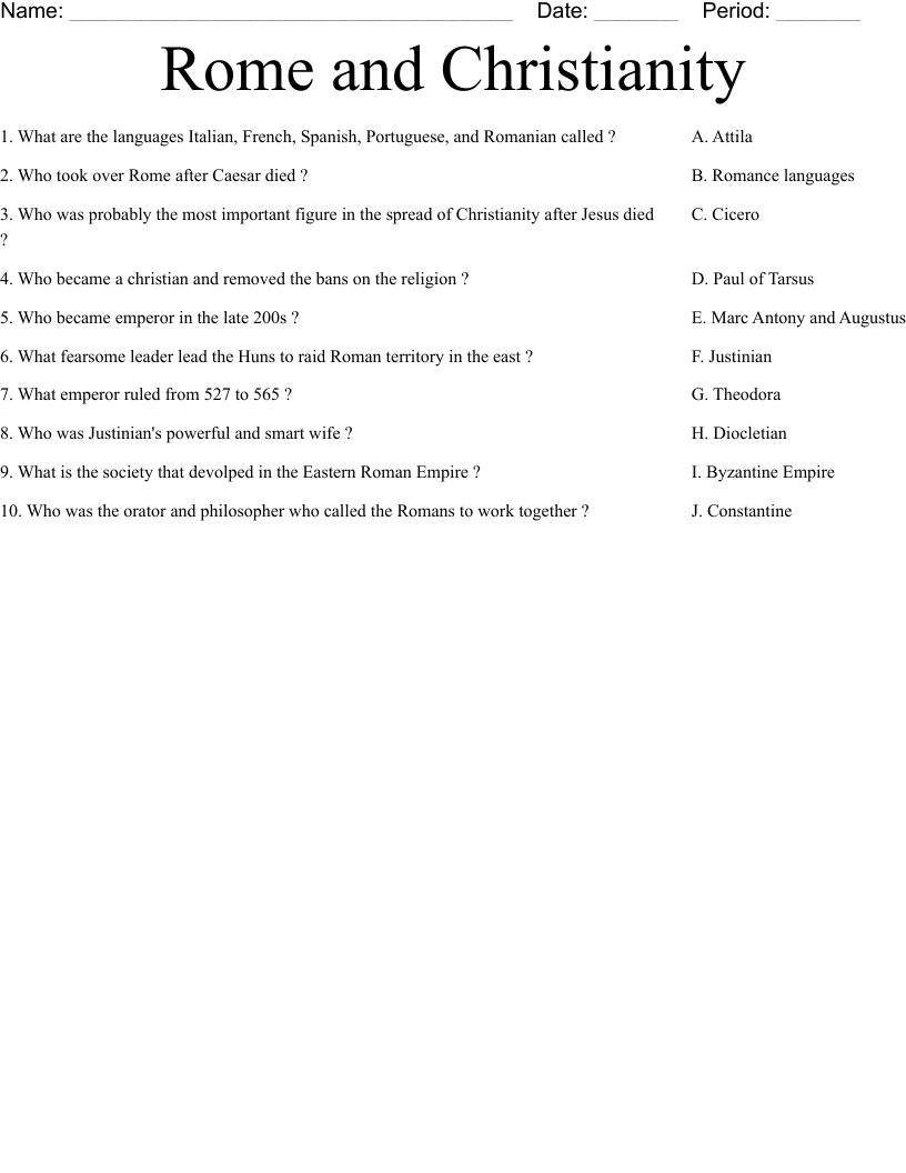 Rome and Christianity Worksheet