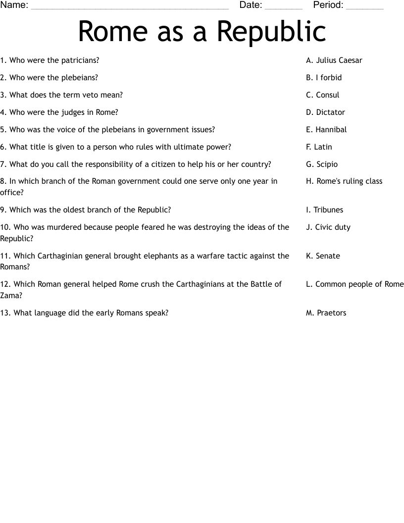 Rome as a Republic Worksheet