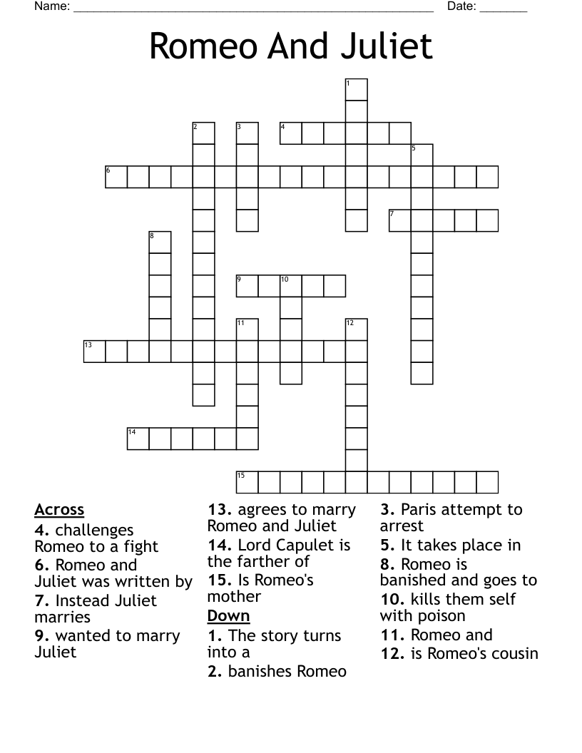 Romeo And Juliet Crossword