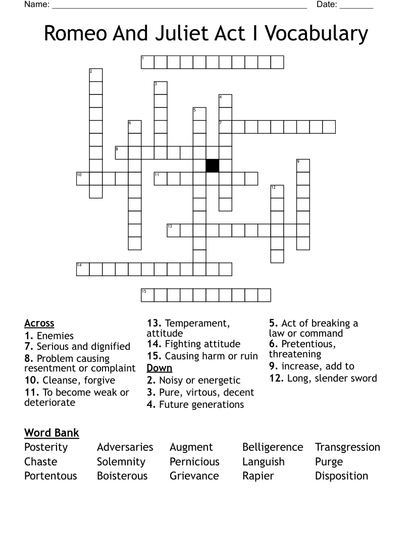 Romeo And Juliet Act I Vocabulary Crossword