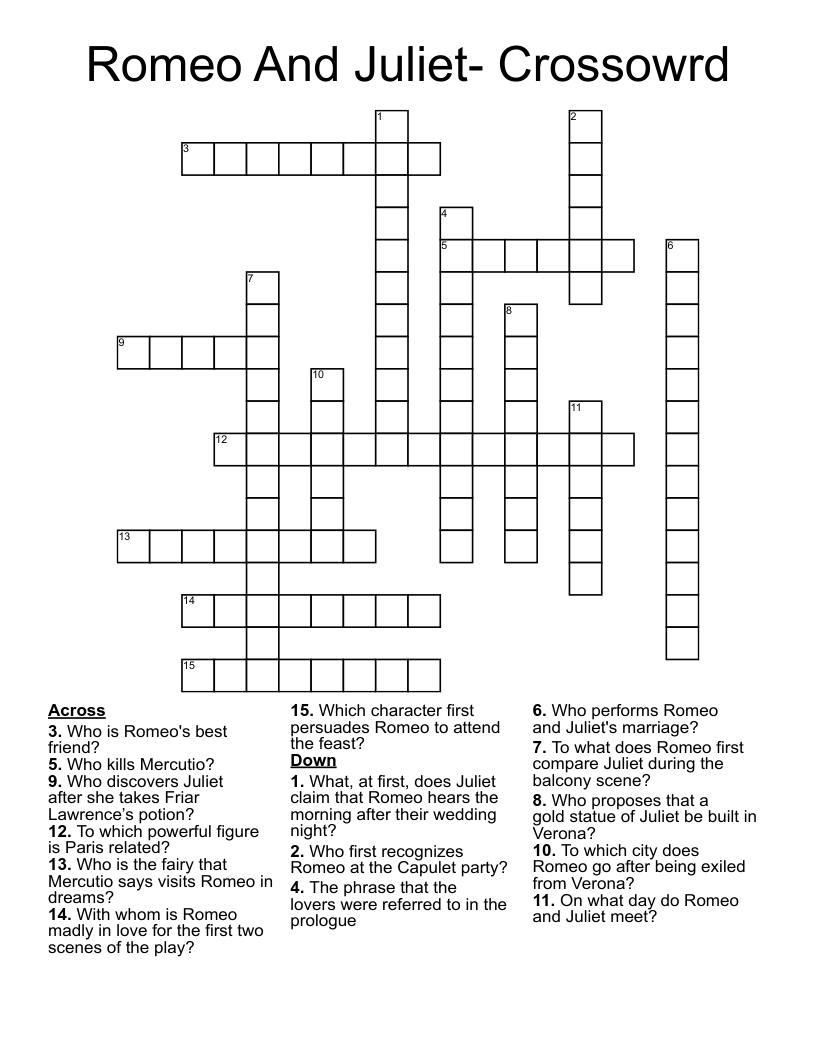Romeo And Juliet- Crossowrd Crossword