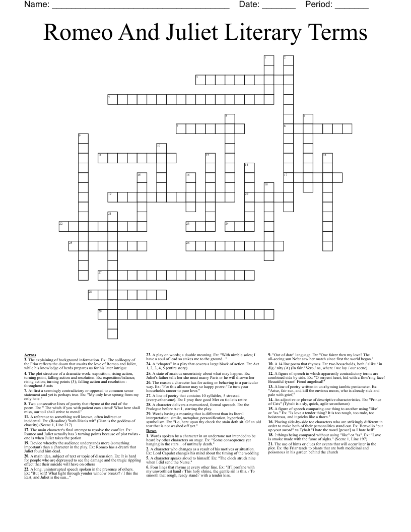 Romeo And Juliet Literary Terms Crossword