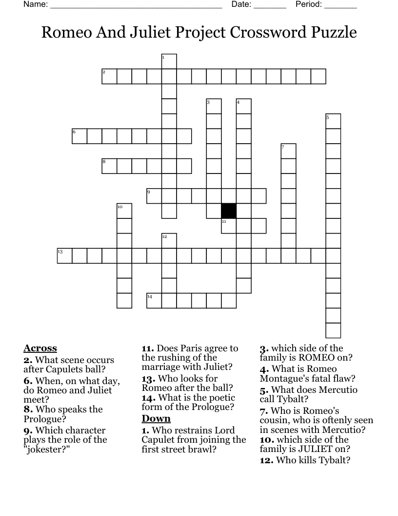 Romeo And Juliet Project Crossword Puzzle