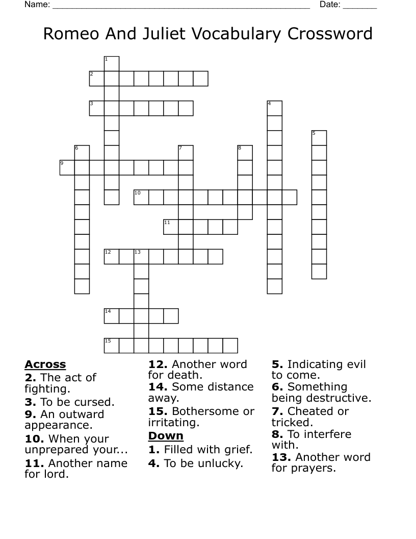 Romeo And Juliet Vocabulary Crossword