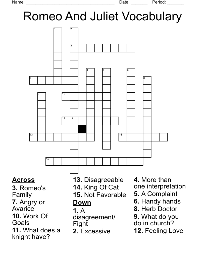 Romeo And Juliet Vocabulary  Crossword