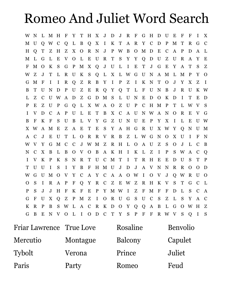 Romeo And Juliet Word Search