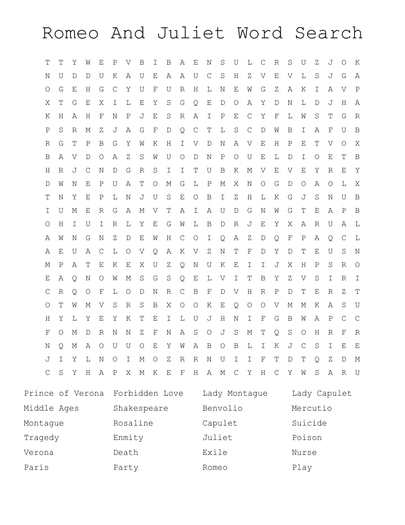 Romeo And Juliet Word Search