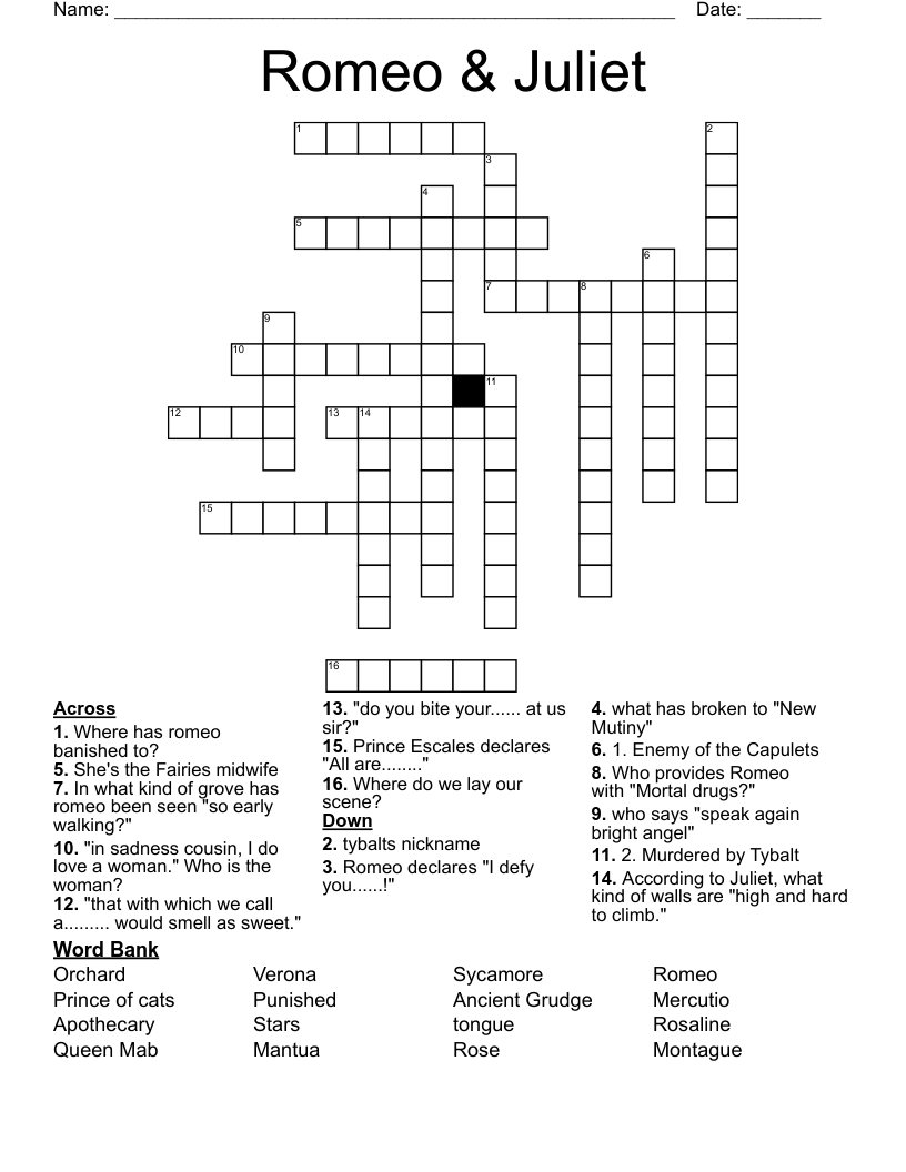 Romeo & Juliet Crossword