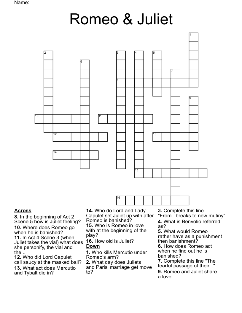 Romeo & Juliet Crossword