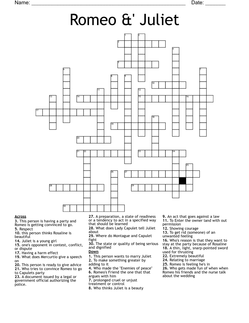 Romeo &' Juliet Crossword
