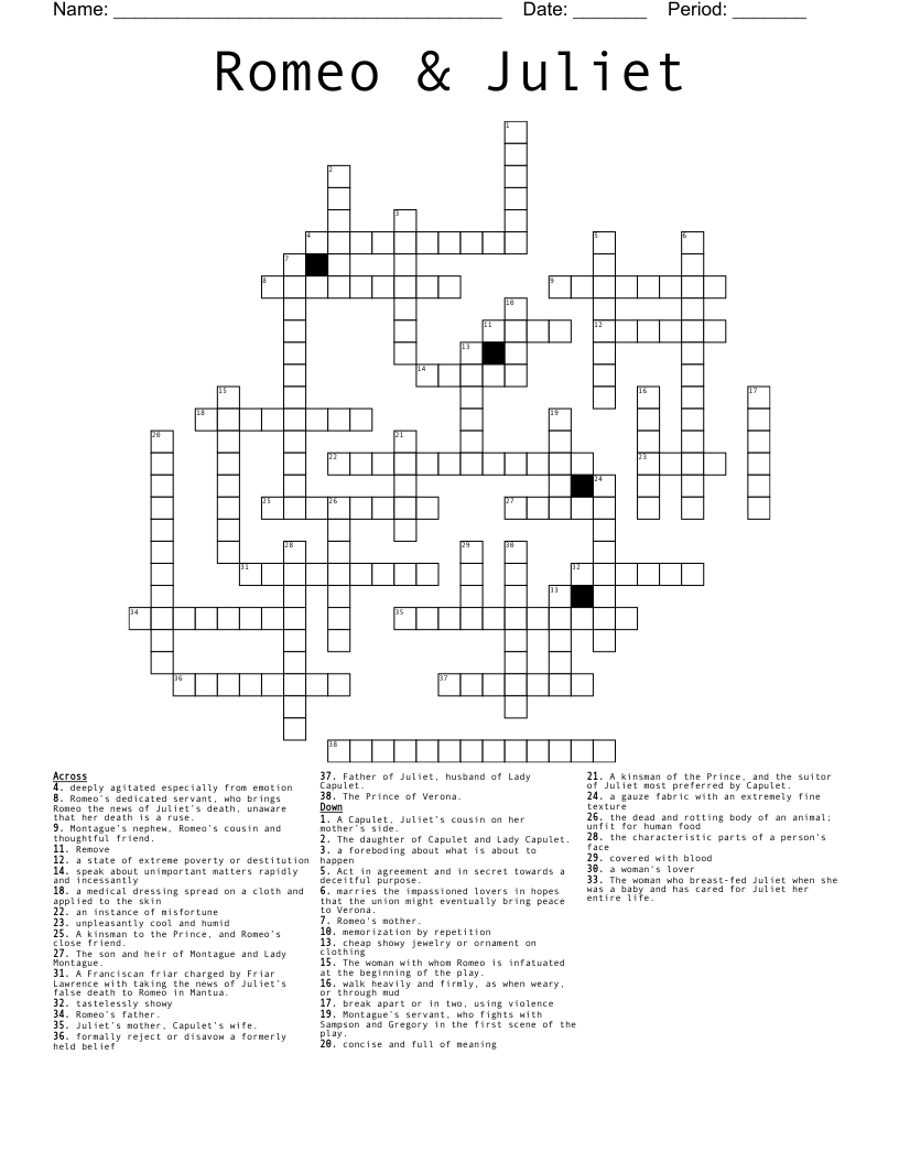Romeo & Juliet Crossword