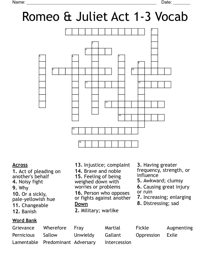 Romeo & Juliet Act 1-3 Vocab Crossword