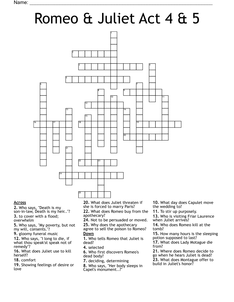 Romeo & Juliet Act 4 & 5 Crossword