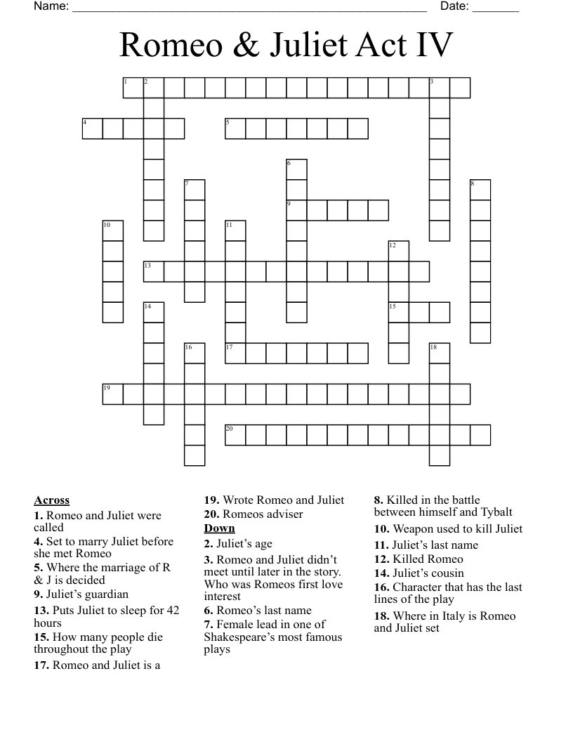 Romeo & Juliet Act IV Crossword